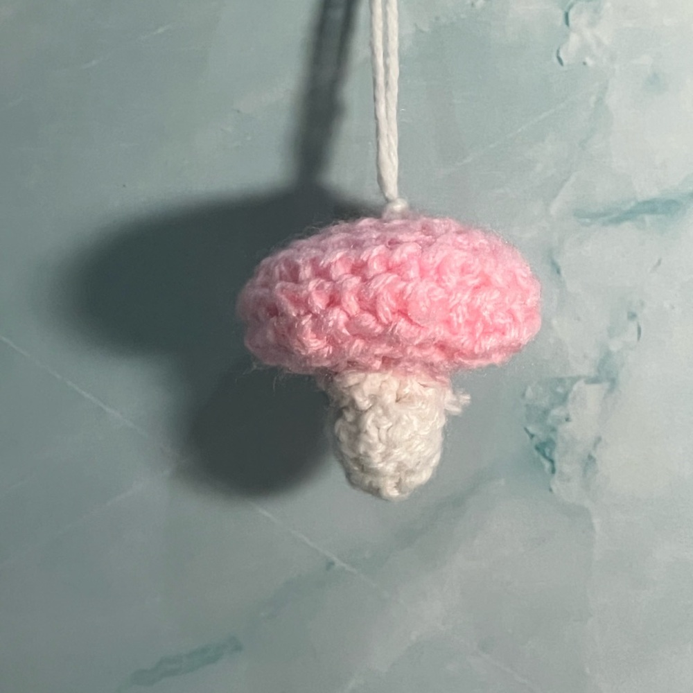 Handmade Crochet Mushroom Keychain | Pink & White Amigurumi Charm
